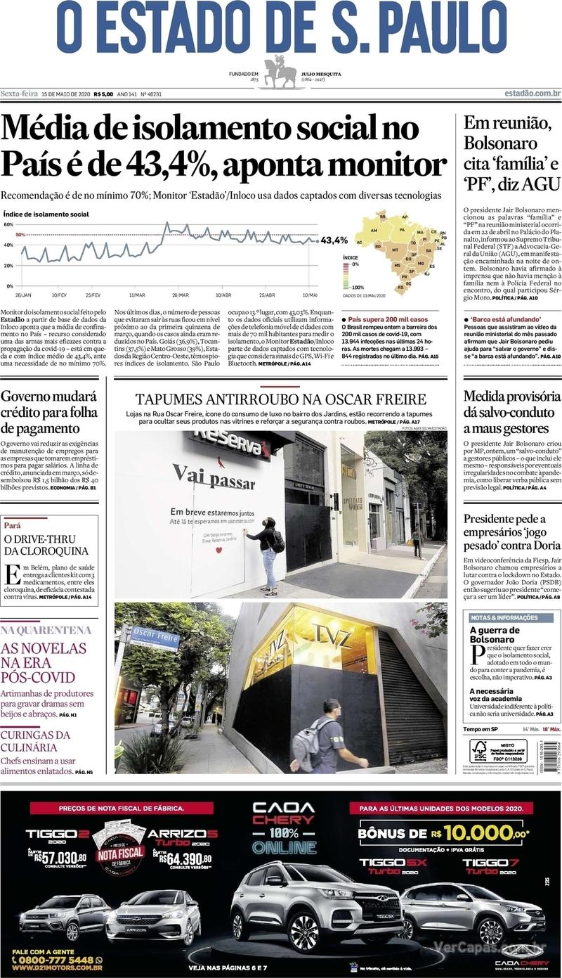 Capa do jornal O Estado de Sao Paulo 15/05/2020