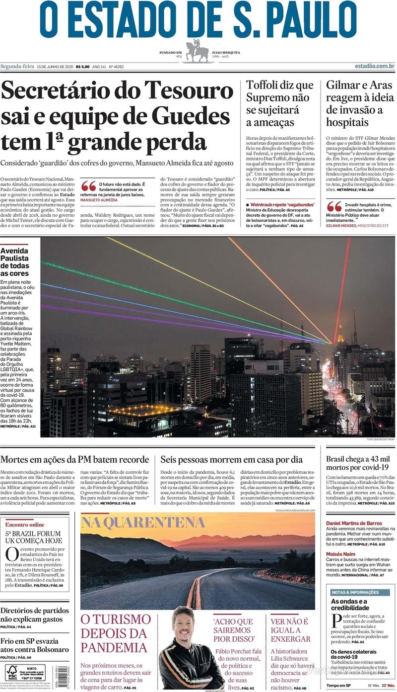 Capa do jornal O Estado de Sao Paulo 15/06/2020