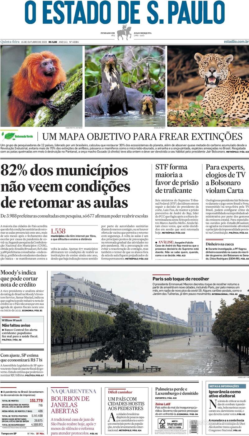 Capa do jornal O Estado de Sao Paulo 15/10/2020