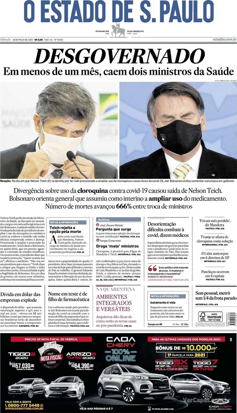 Capa do jornal O Estado de Sao Paulo 16/05/2020