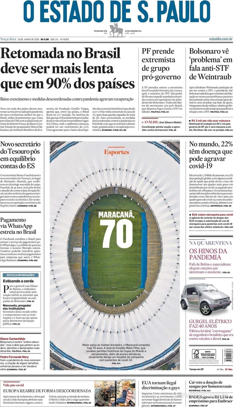 Capa do jornal O Estado de Sao Paulo 16/06/2020