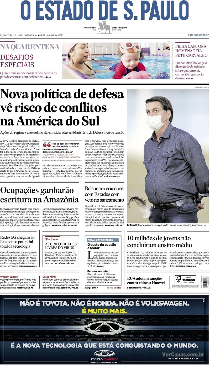 Capa do jornal O Estado de Sao Paulo 16/07/2020