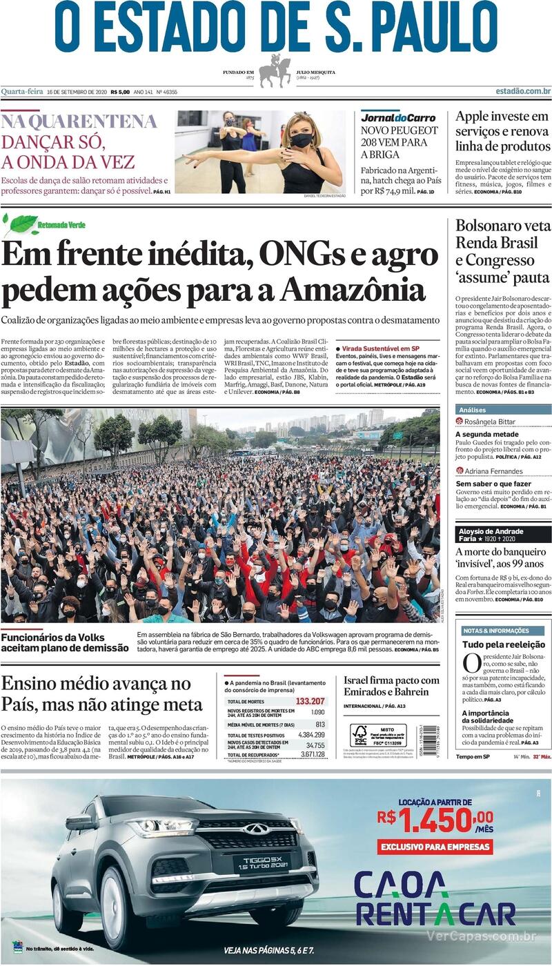 Capa do jornal O Estado de Sao Paulo 16/09/2020