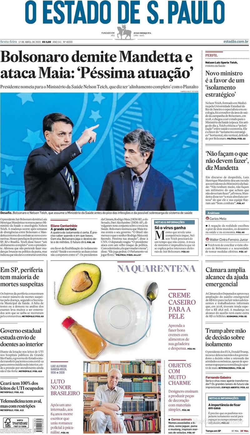 Capa do jornal Estadão 17/04/2020