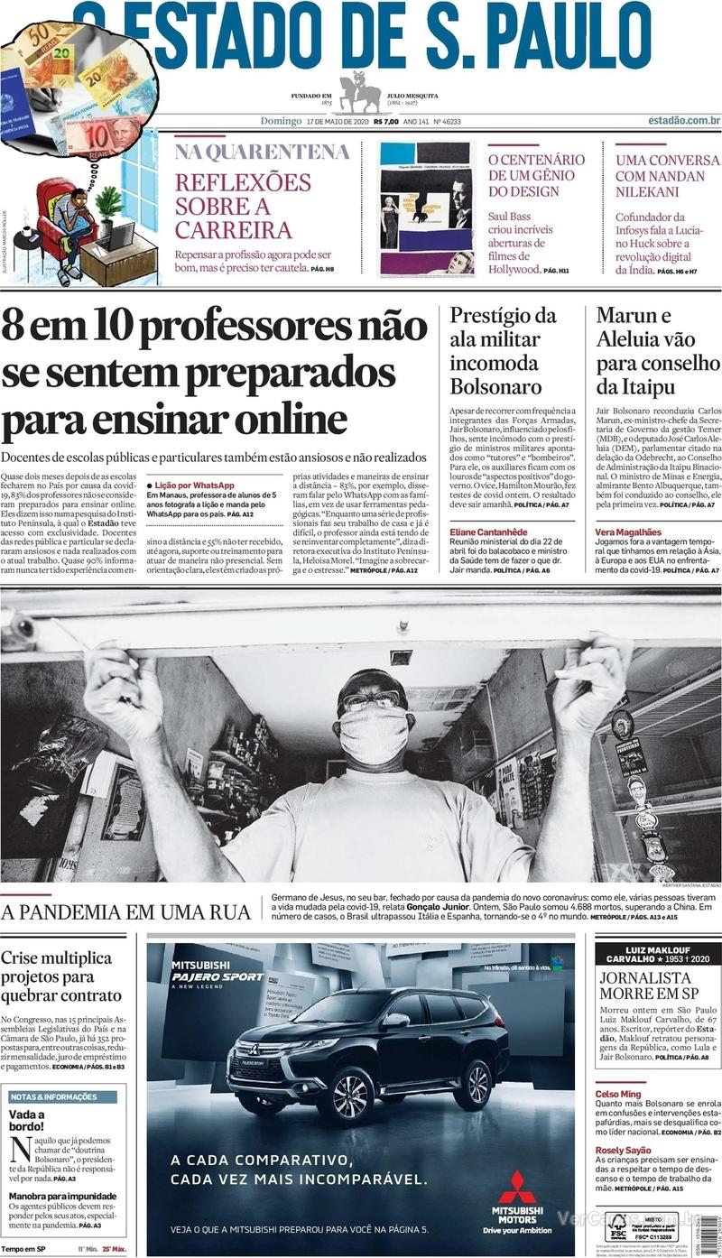 Capa do jornal O Estado de Sao Paulo 17/05/2020