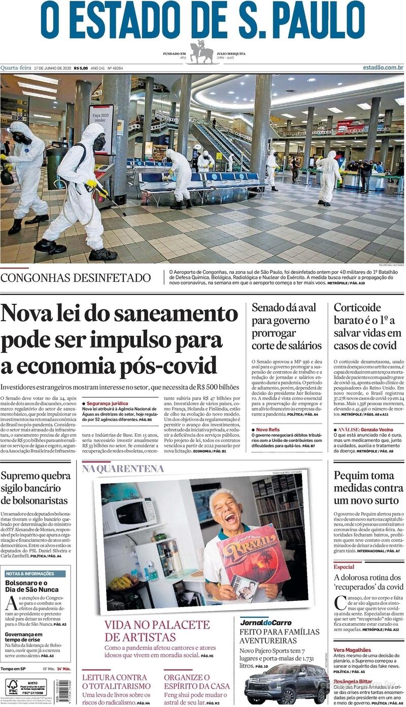 Capa do jornal O Estado de Sao Paulo 17/06/2020