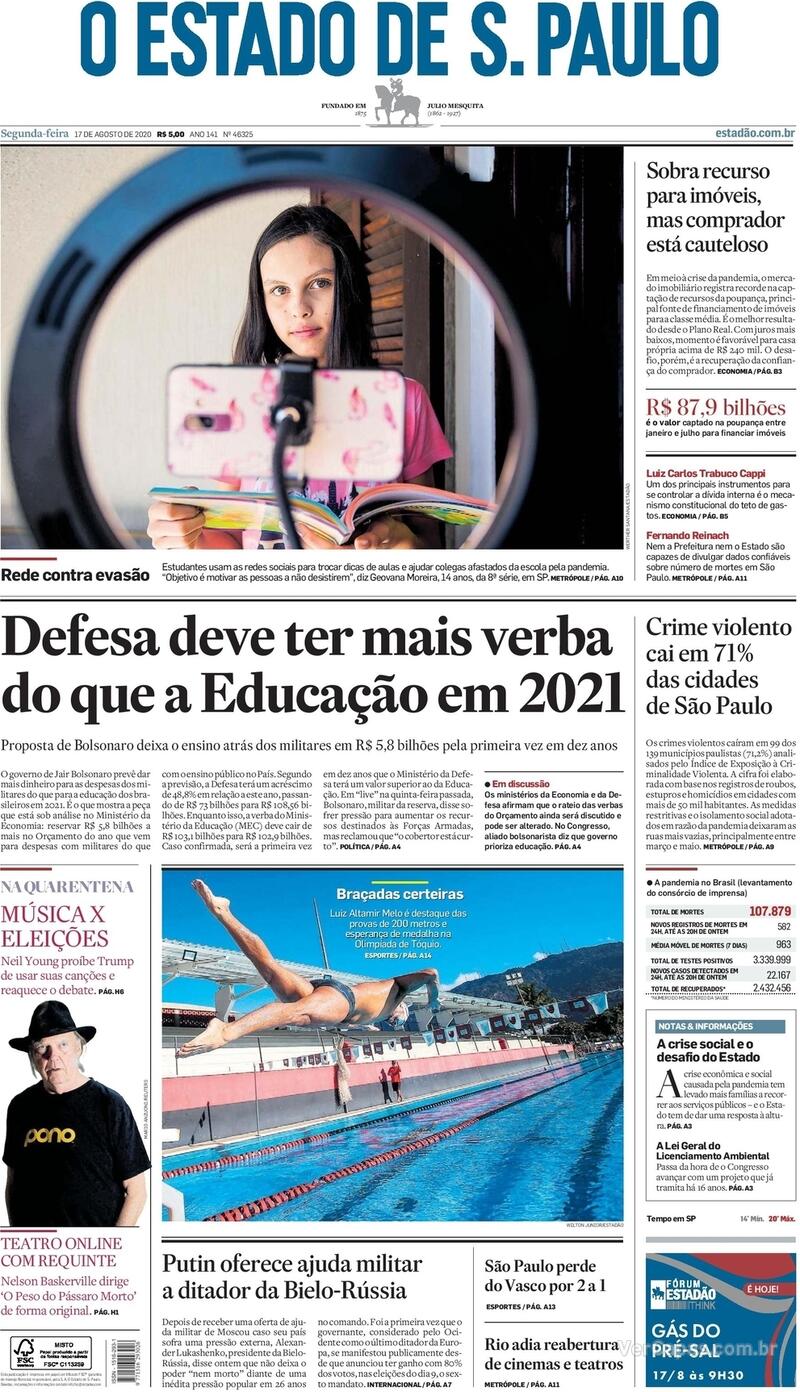 Capa do jornal O Estado de Sao Paulo 17/08/2020