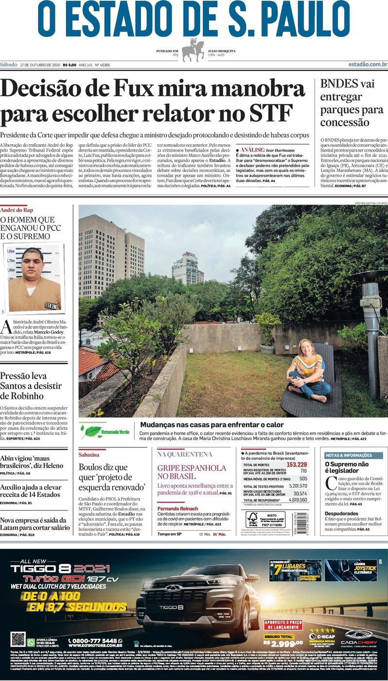 Capa do jornal O Estado de Sao Paulo 17/10/2020