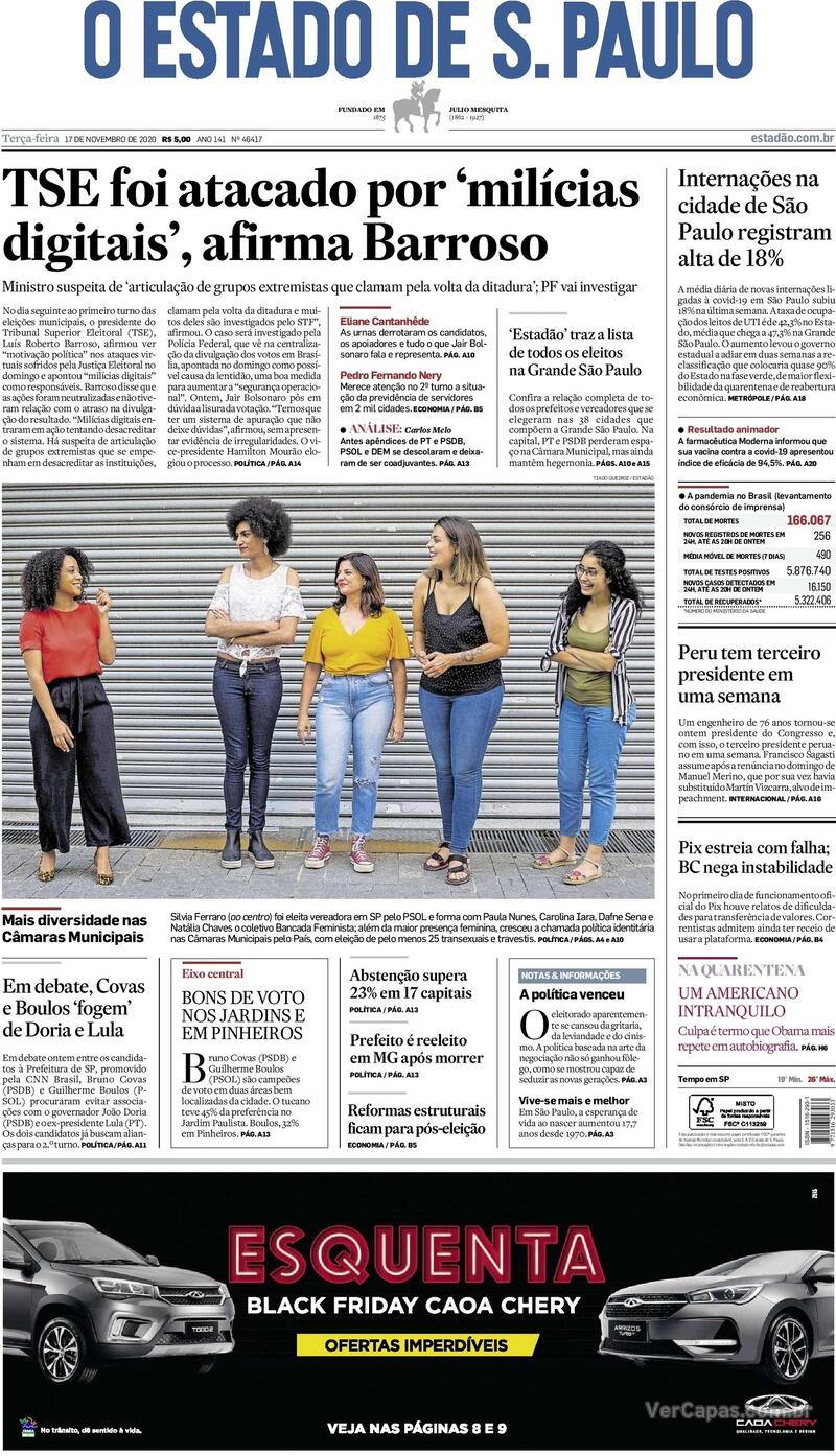 Capa do jornal O Estado de Sao Paulo 17/11/2020