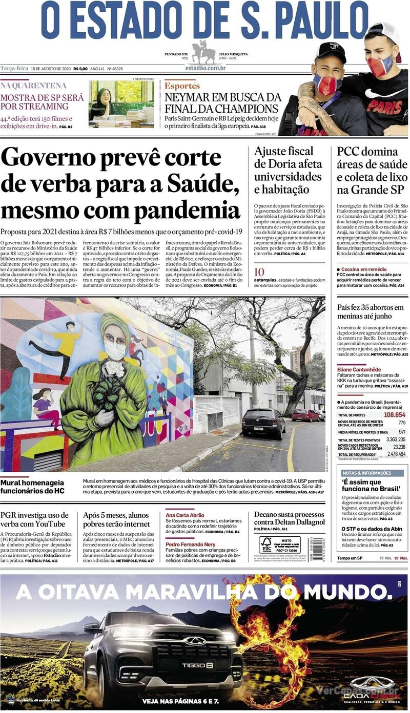 Capa do jornal O Estado de Sao Paulo 18/08/2020