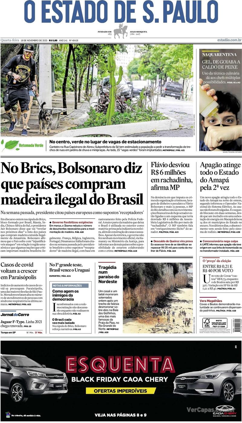Capa do jornal O Estado de Sao Paulo 18/11/2020