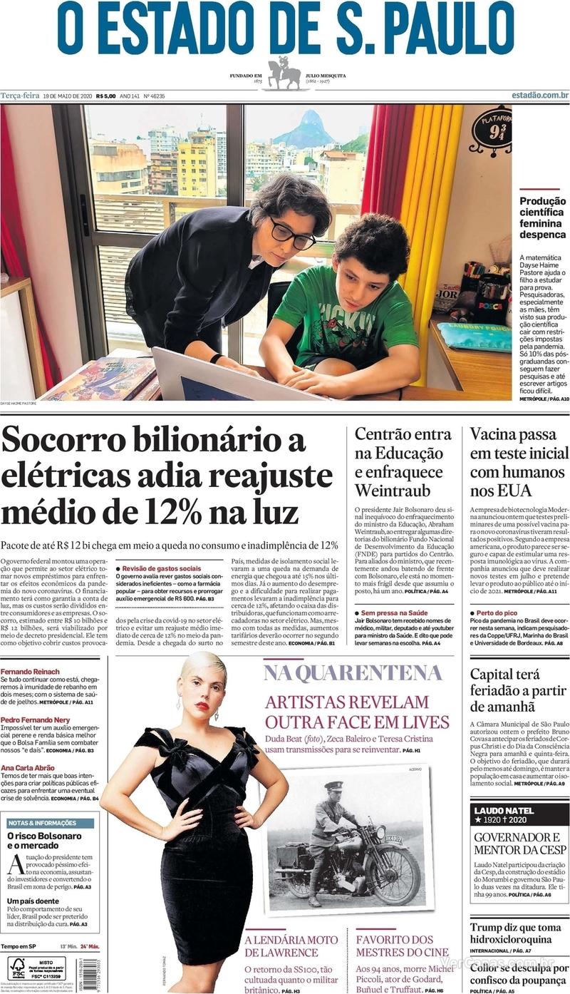 Capa do jornal O Estado de Sao Paulo 19/05/2020