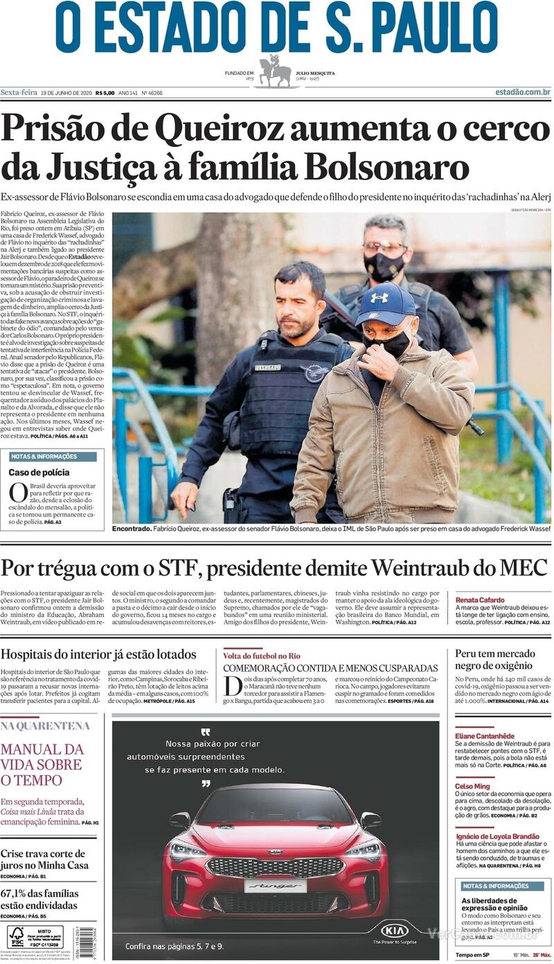 Capa do jornal O Estado de Sao Paulo 19/06/2020
