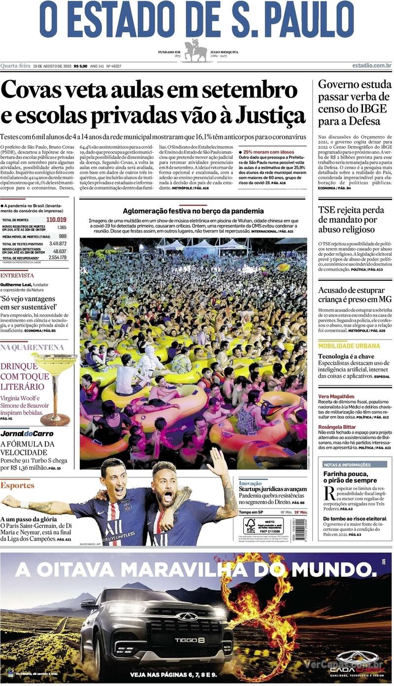 Capa do jornal O Estado de Sao Paulo 19/08/2020