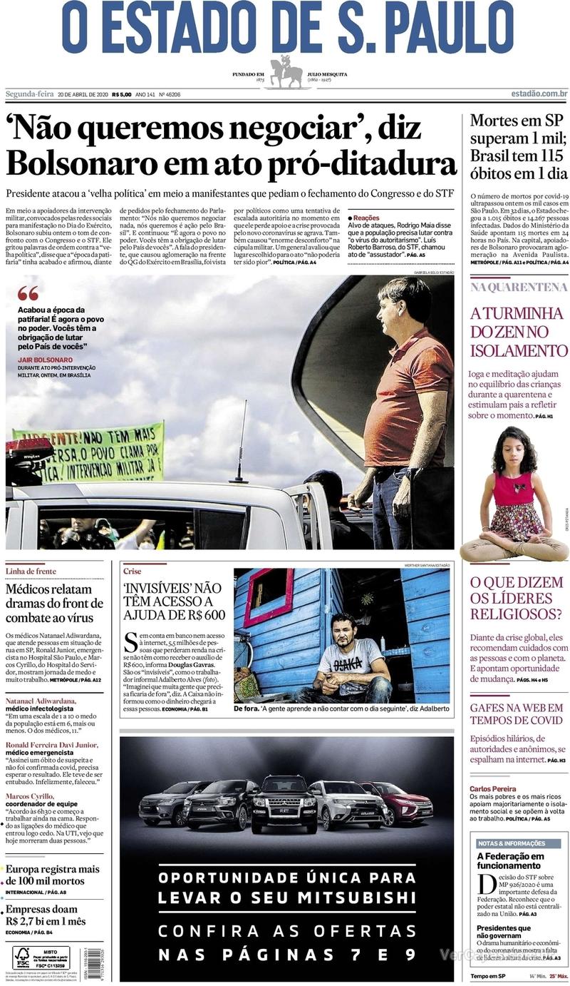 Capa do jornal O Estado de Sao Paulo 20/04/2020