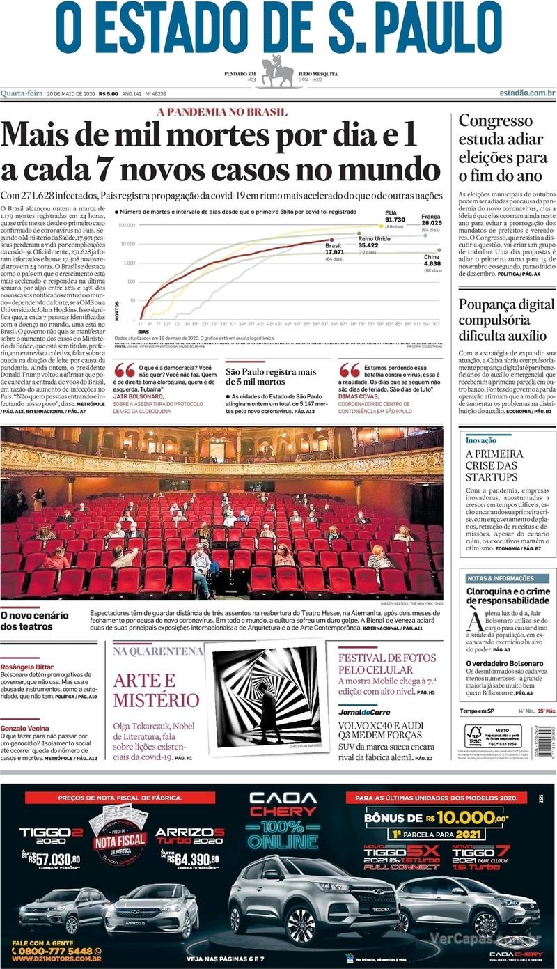 Capa do jornal O Estado de Sao Paulo 20/05/2020