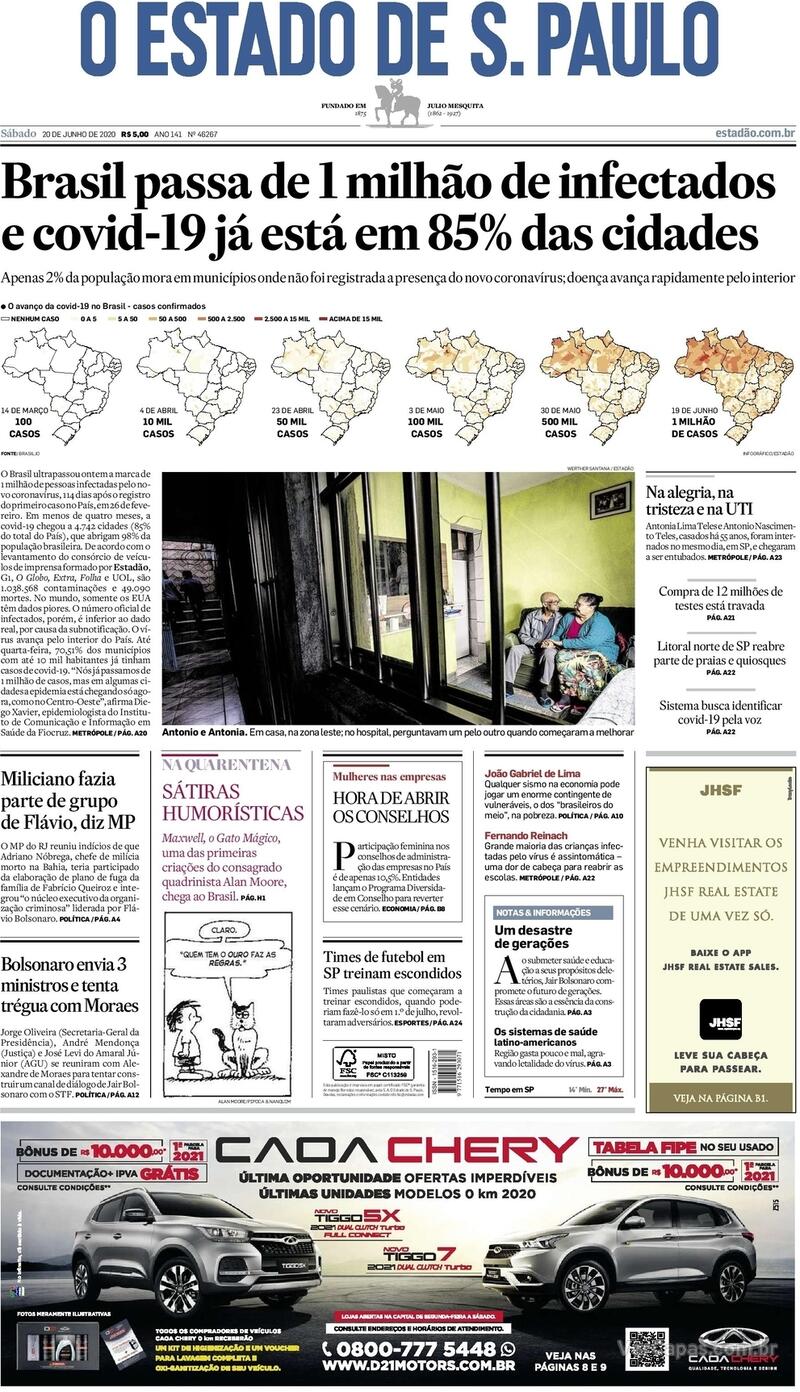 Capa do jornal O Estado de Sao Paulo 20/06/2020