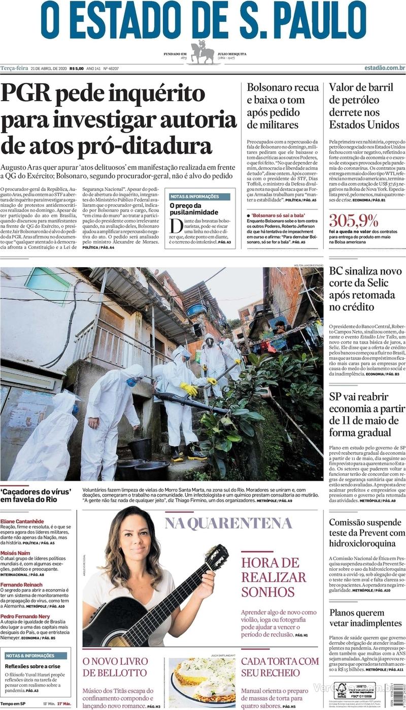 Capa do jornal O Estado de Sao Paulo 21/04/2020