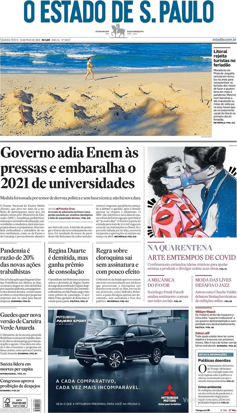 Capa do jornal O Estado de Sao Paulo 21/05/2020