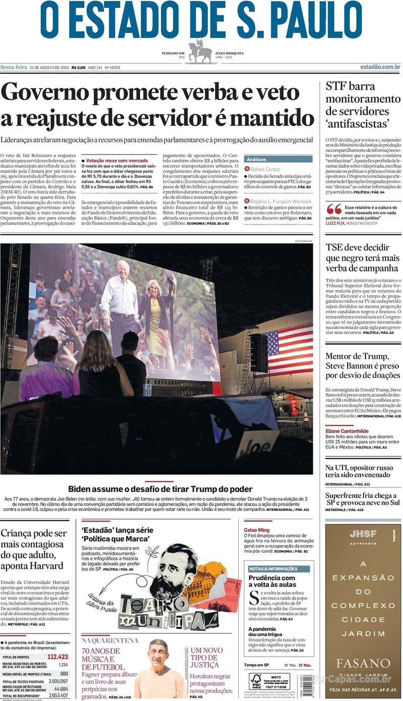 Capa do jornal O Estado de Sao Paulo 21/08/2020