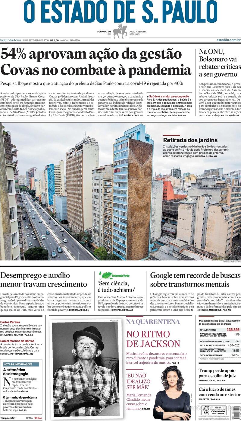 Capa do jornal O Estado de Sao Paulo 21/09/2020
