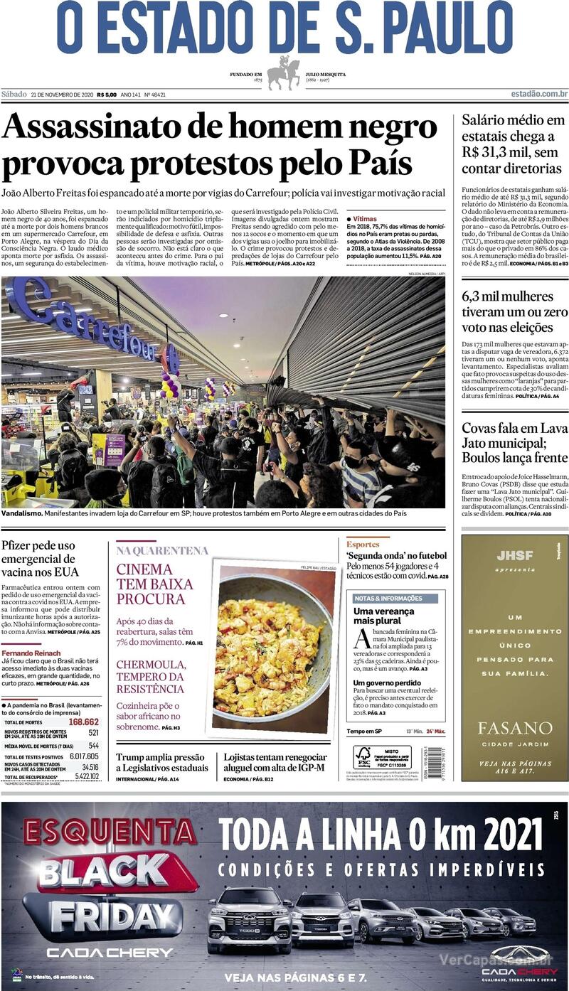 Capa do jornal O Estado de Sao Paulo 21/11/2020