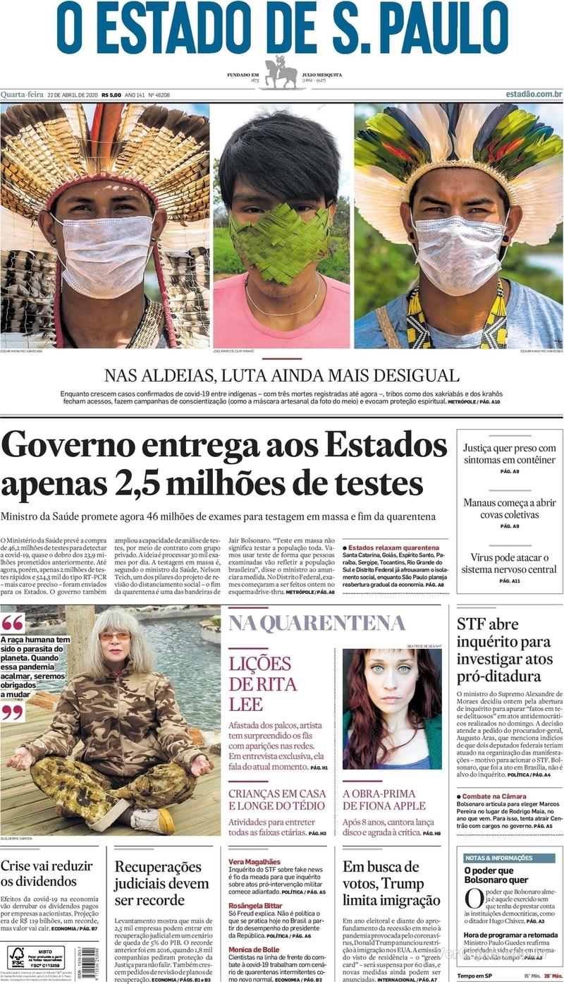 Capa do jornal O Estado de Sao Paulo 22/04/2020