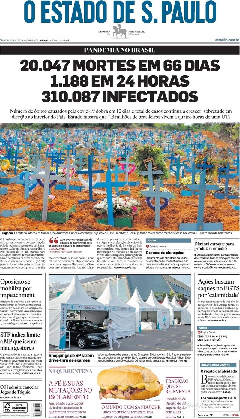 Capa do jornal O Estado de Sao Paulo 22/05/2020