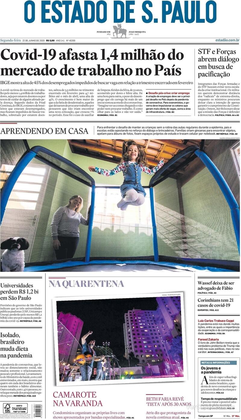 Capa do jornal O Estado de Sao Paulo 22/06/2020