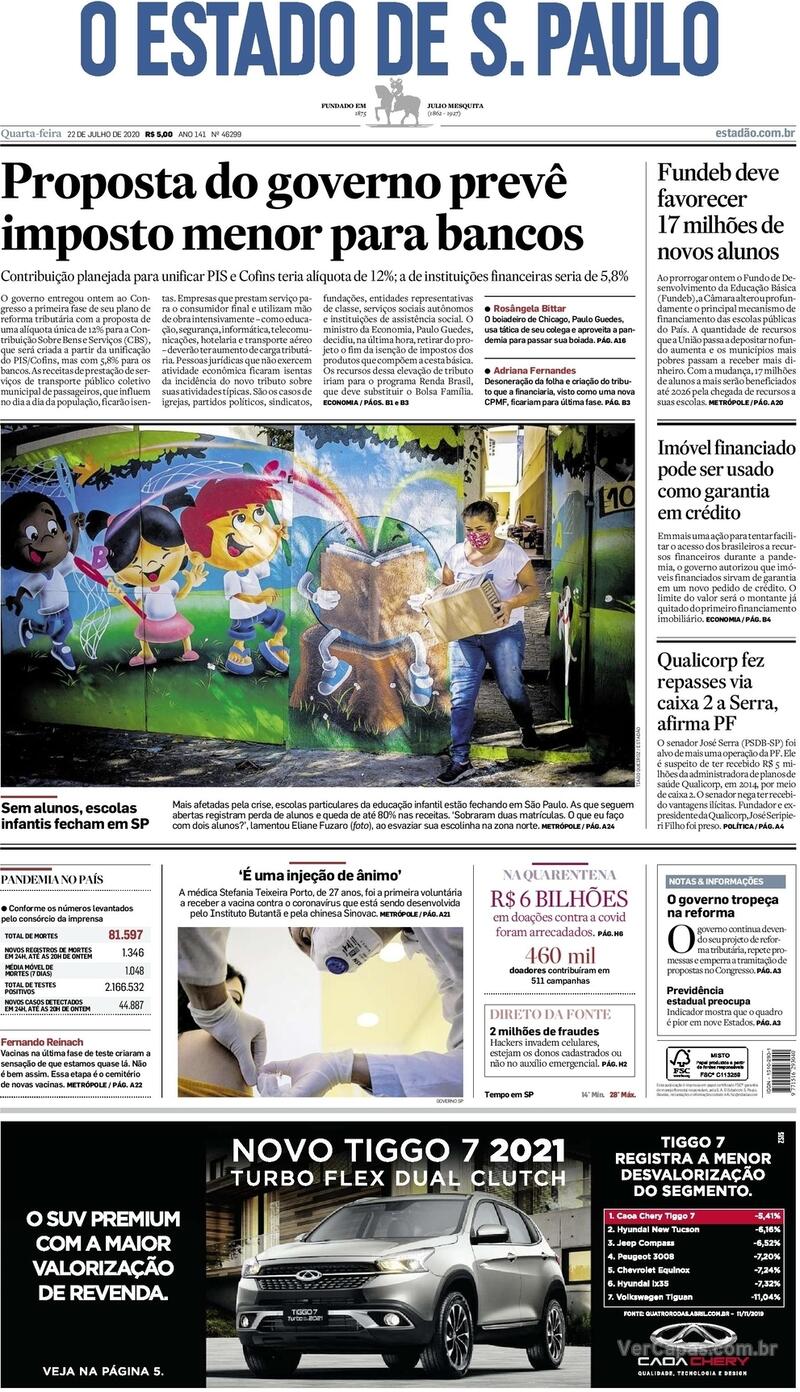 Capa do jornal O Estado de Sao Paulo 22/07/2020