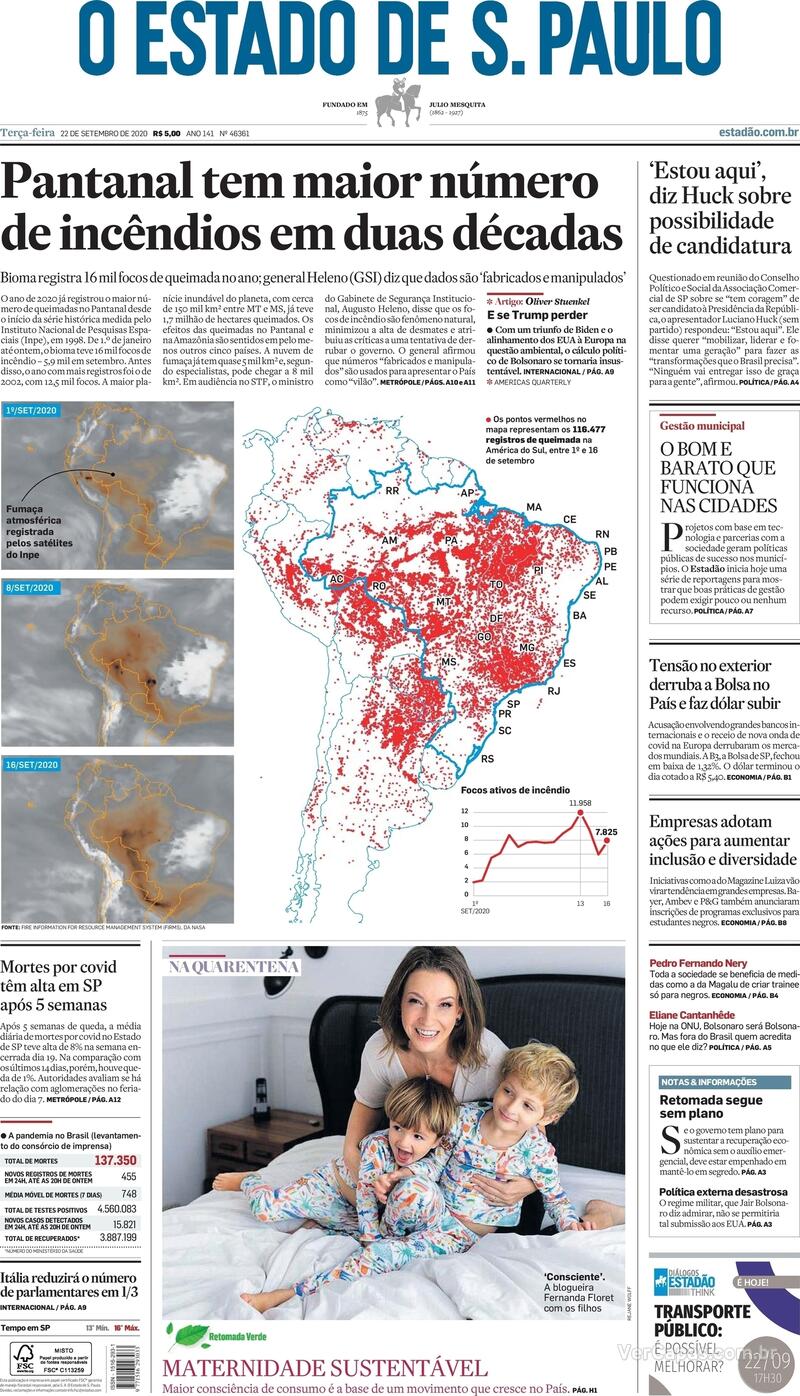 Capa do jornal O Estado de Sao Paulo 22/09/2020