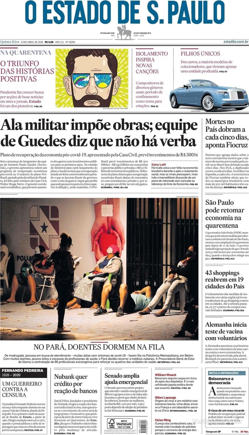 Capa do jornal O Estado de Sao Paulo 23/04/2020