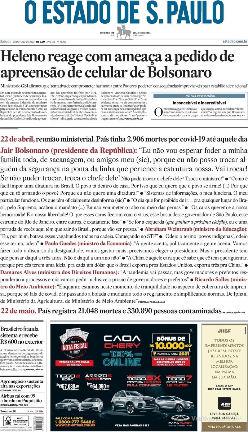 Capa do jornal O Estado de Sao Paulo 23/05/2020