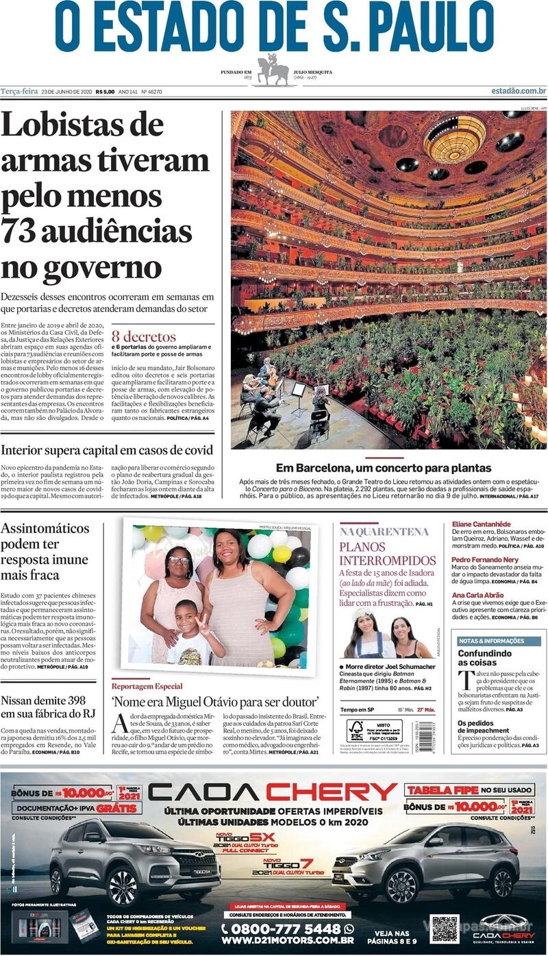 Capa do jornal O Estado de Sao Paulo 23/06/2020