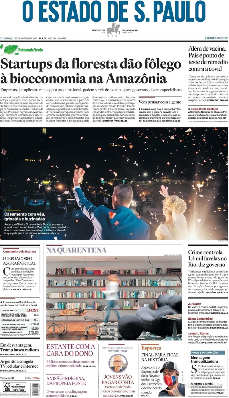 Capa do jornal O Estado de Sao Paulo 23/08/2020