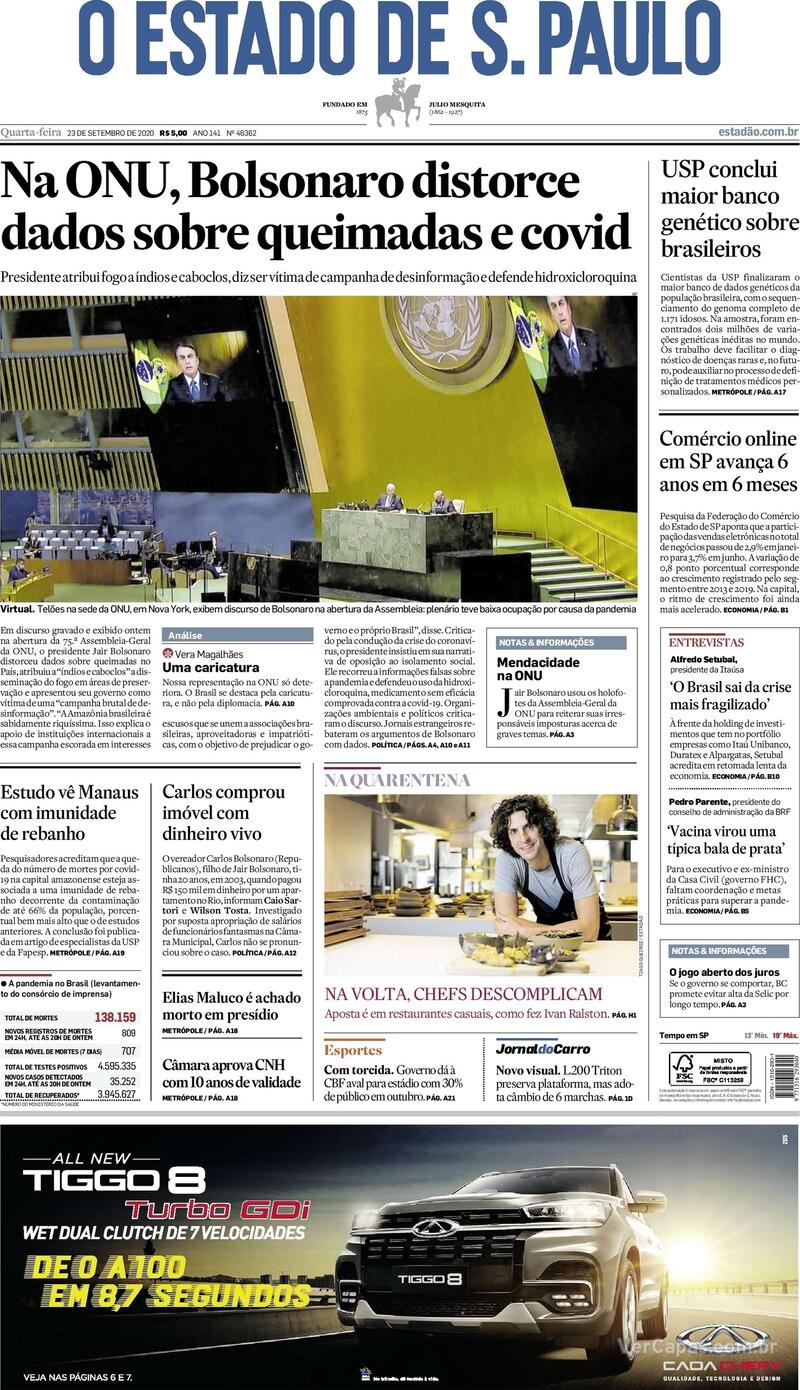 Capa do jornal O Estado de Sao Paulo 23/09/2020