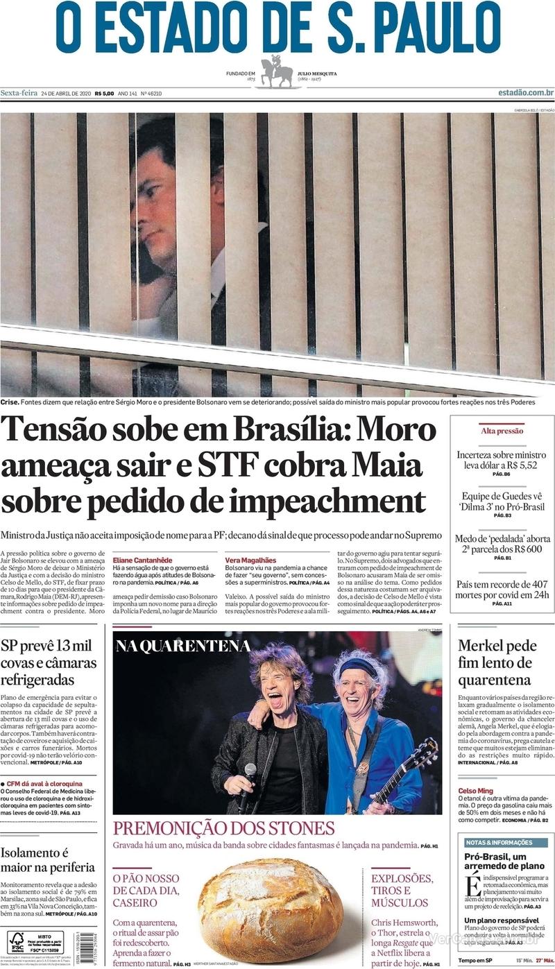 Capa do jornal O Estado de Sao Paulo 24/04/2020