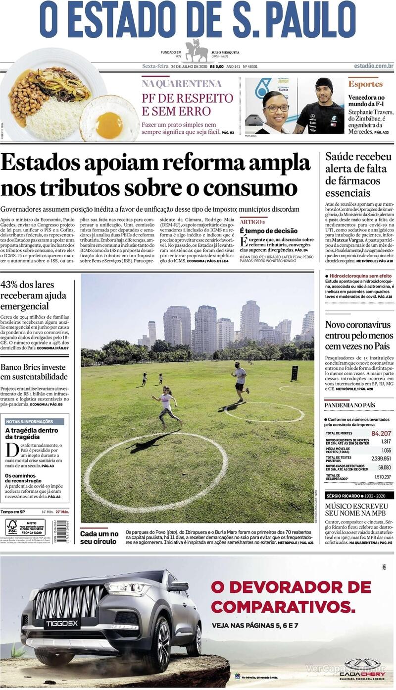 Capa do jornal O Estado de Sao Paulo 24/07/2020