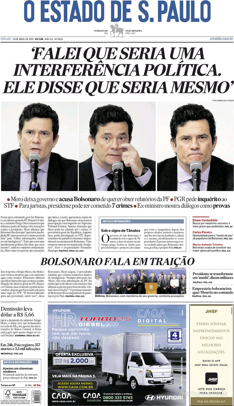 Capa do jornal O Estado de Sao Paulo 25/04/2020