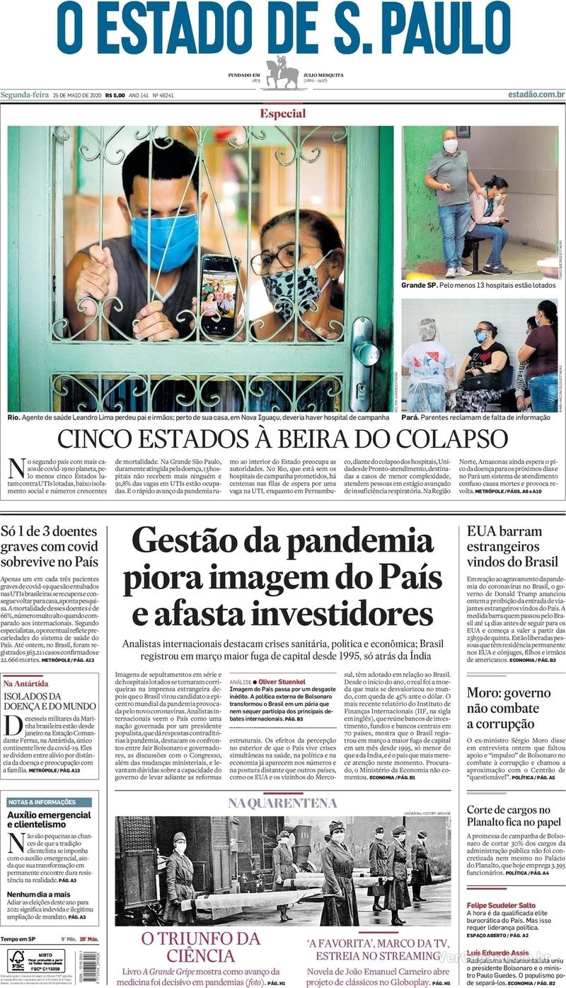 Capa do jornal O Estado de Sao Paulo 25/05/2020