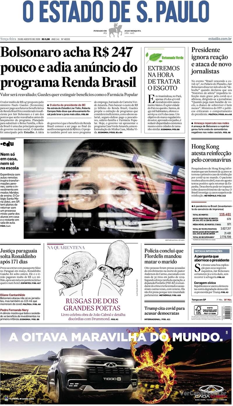 Capa do jornal O Estado de Sao Paulo 25/08/2020