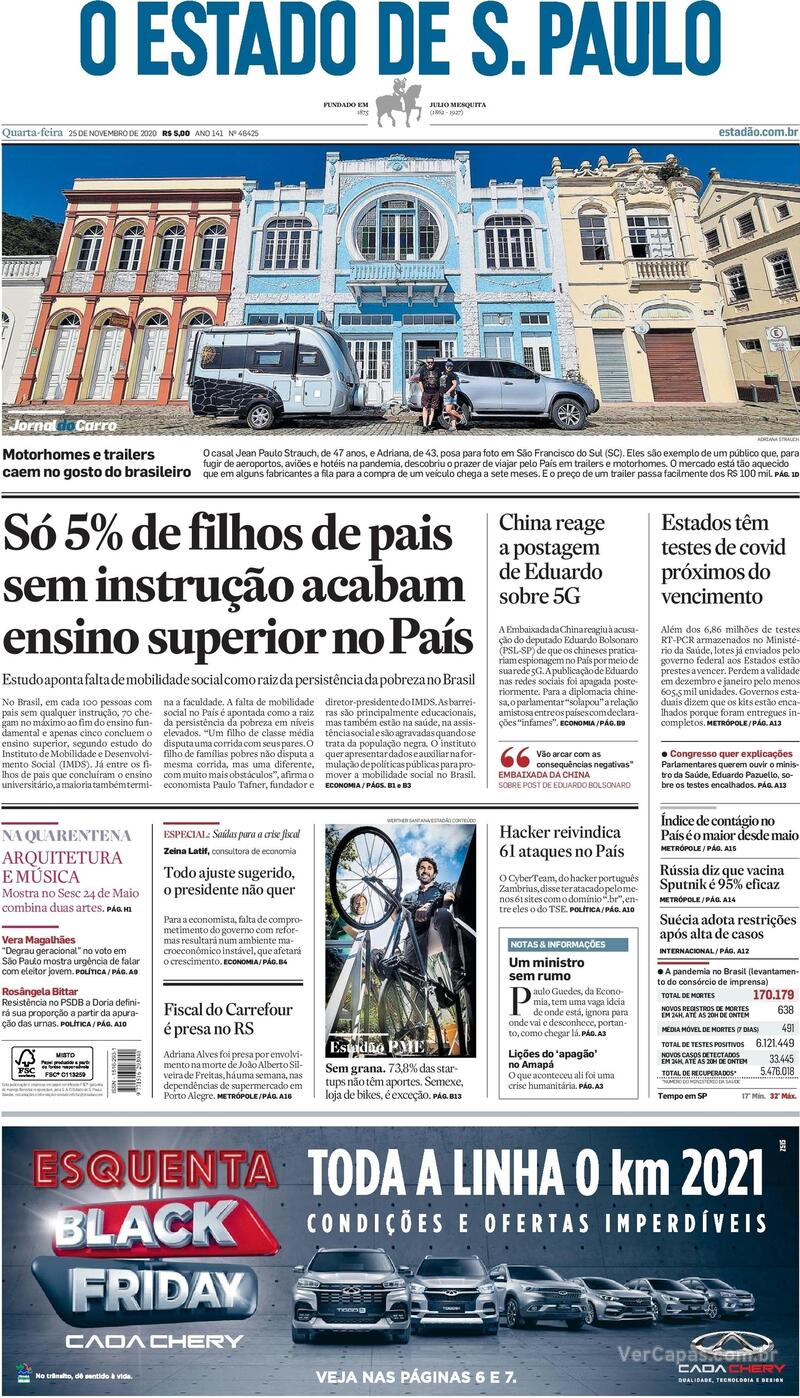 Capa do jornal O Estado de Sao Paulo 25/11/2020
