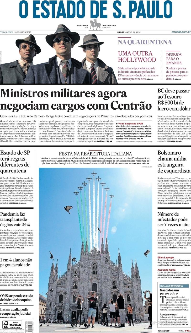 Capa do jornal O Estado de Sao Paulo 26/05/2020