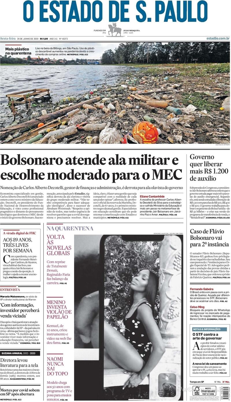 Capa do jornal O Estado de Sao Paulo 26/06/2020