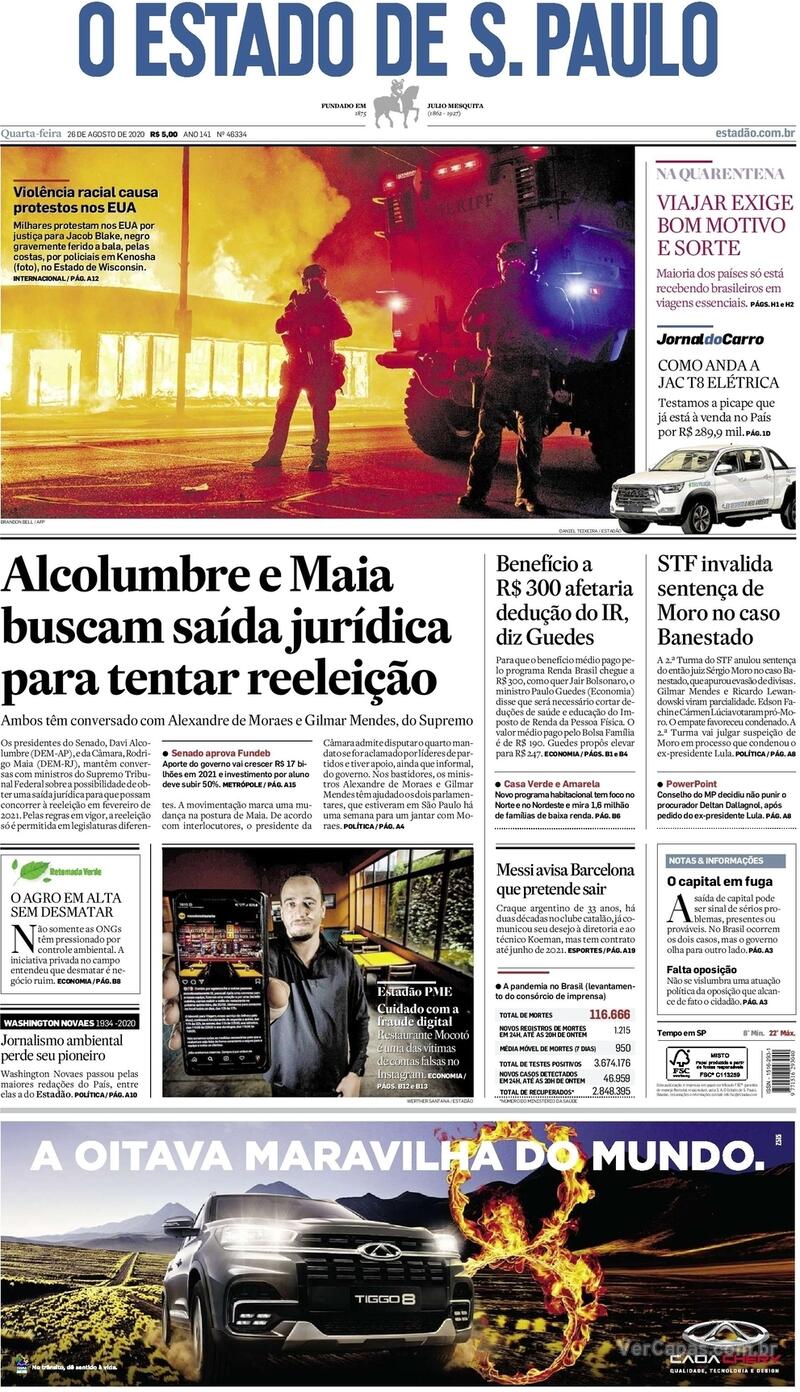Capa do jornal O Estado de Sao Paulo 26/08/2020