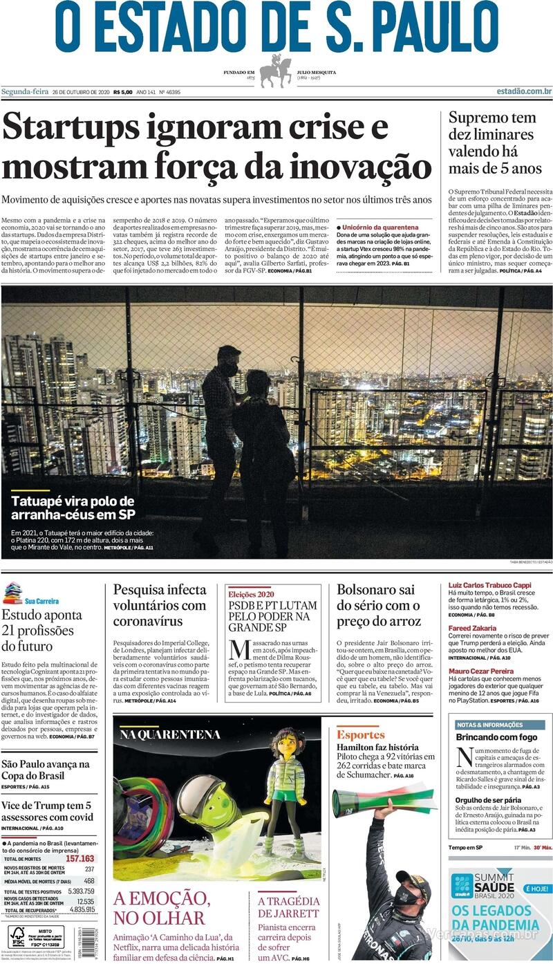 Capa do jornal O Estado de Sao Paulo 26/10/2020