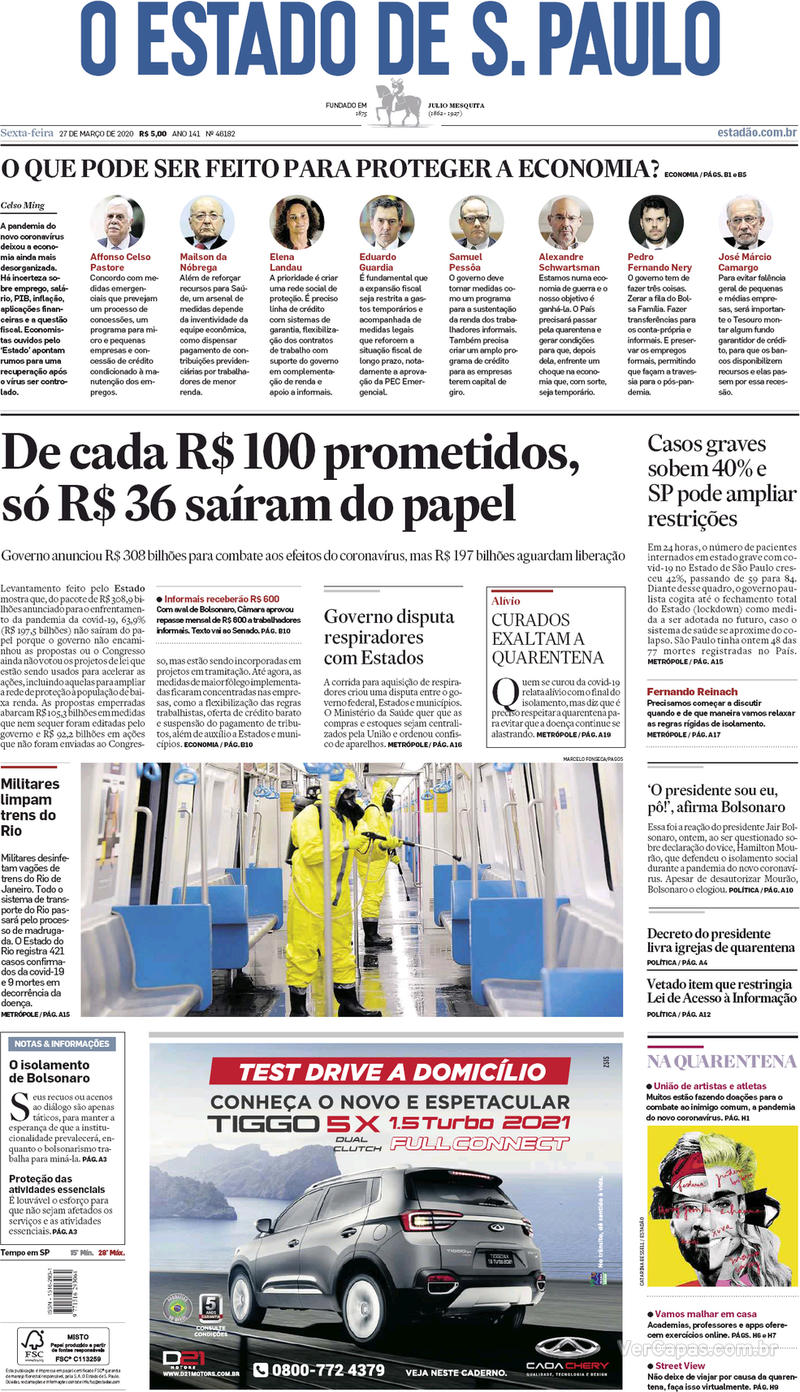 Capa do jornal O Estado de Sao Paulo 27/03/2020