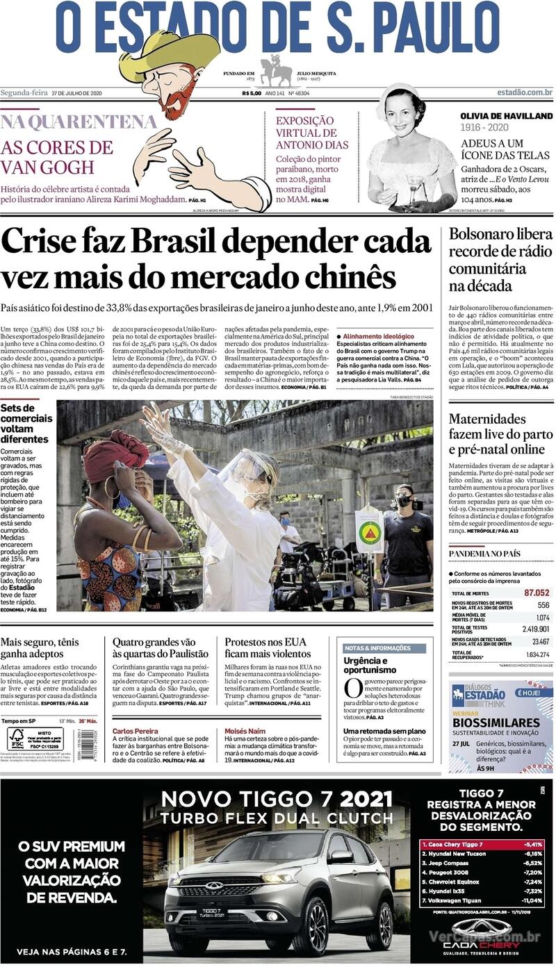 Capa do jornal O Estado de Sao Paulo 27/07/2020