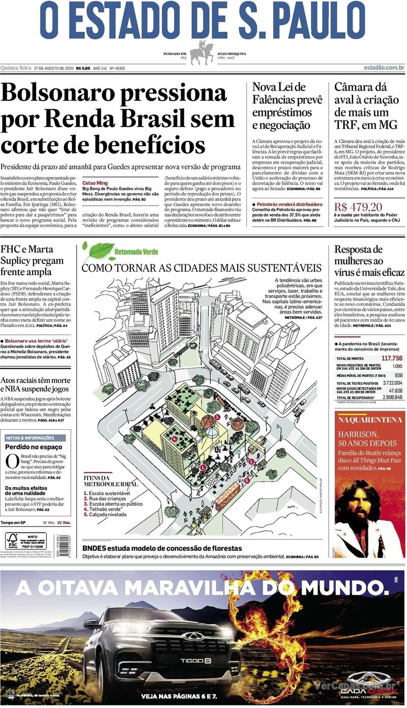 Capa do jornal O Estado de Sao Paulo 27/08/2020