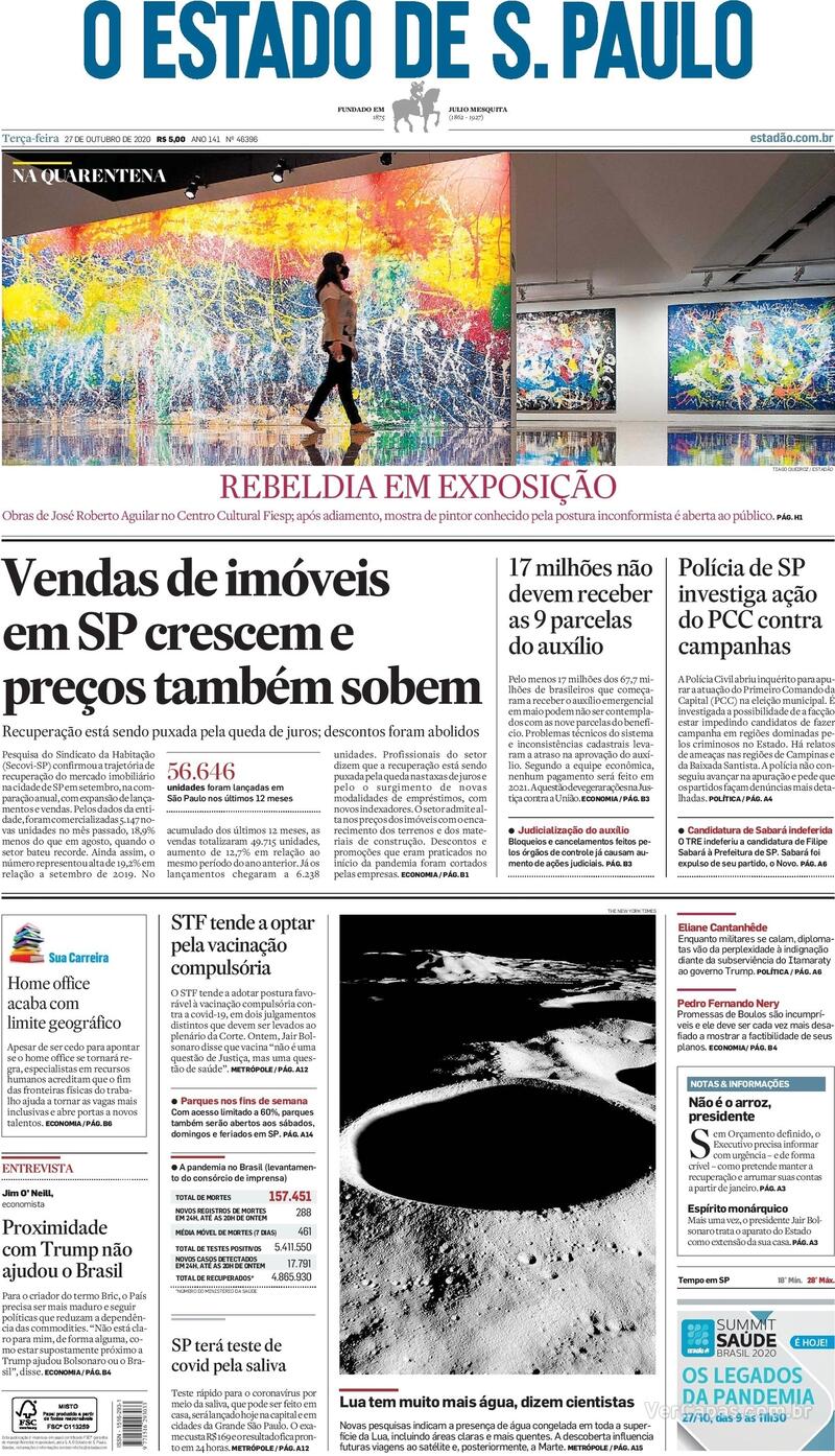 Capa do jornal O Estado de Sao Paulo 27/10/2020